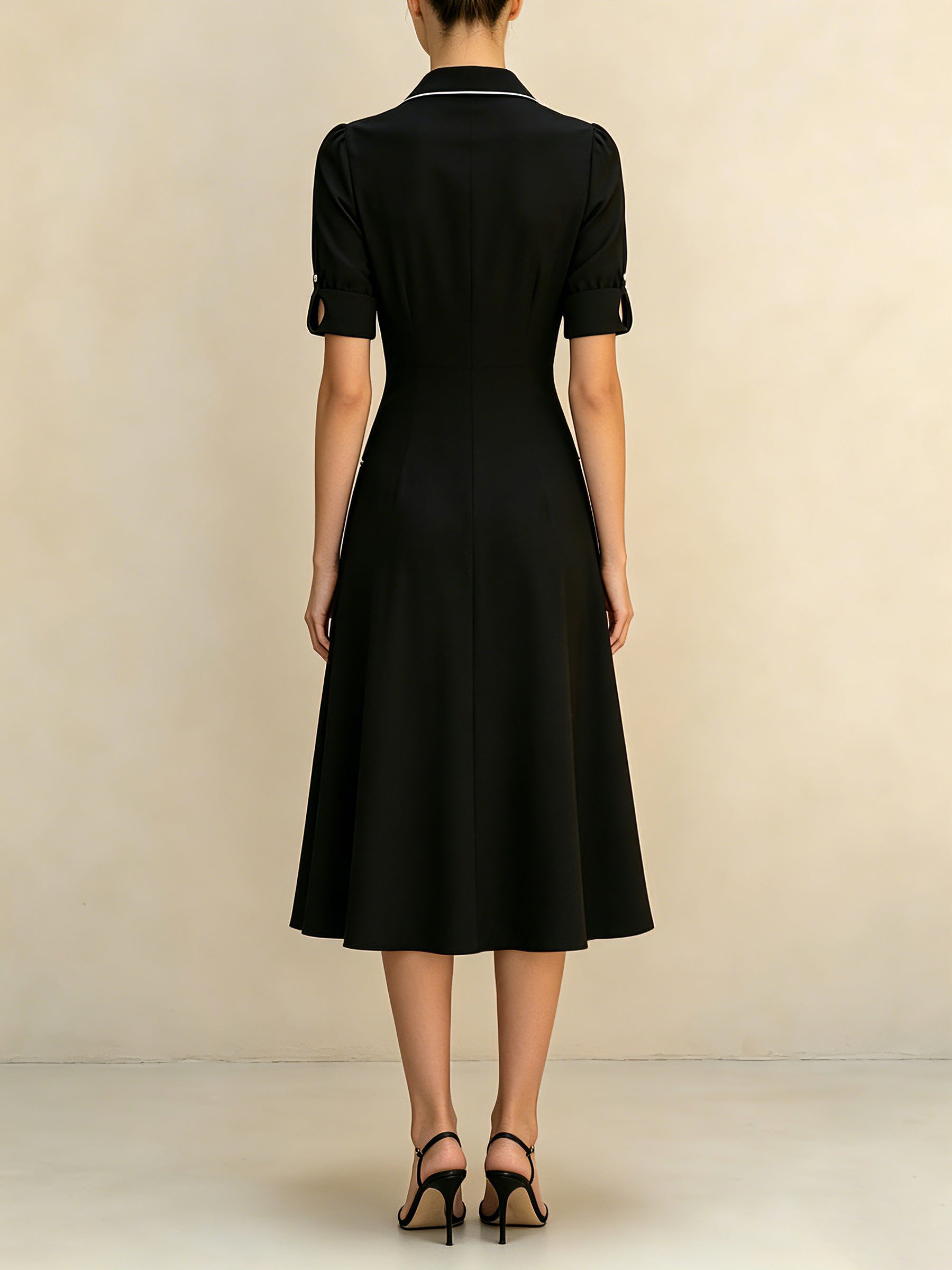 Elegant Black Shirt Dress For Women – Vintage Button Front Midi Dress With Contrast Trim And Short Sleeves