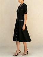 Elegant Black Shirt Dress For Women – Vintage Button Front Midi Dress With Contrast Trim And Short Sleeves