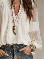 Romantic Vintage Sheer Cotton Lace-Paneled Balloon-Sleeve Cream Blouse