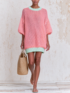 Sequin Open Knit Color Block Mini Tunic Dress With Mint Trim