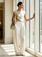 Women’s Two-Tone Linen Style Set – Minimalist Sleeveless Top & Wide Leg Pants Co-Ord Outfit