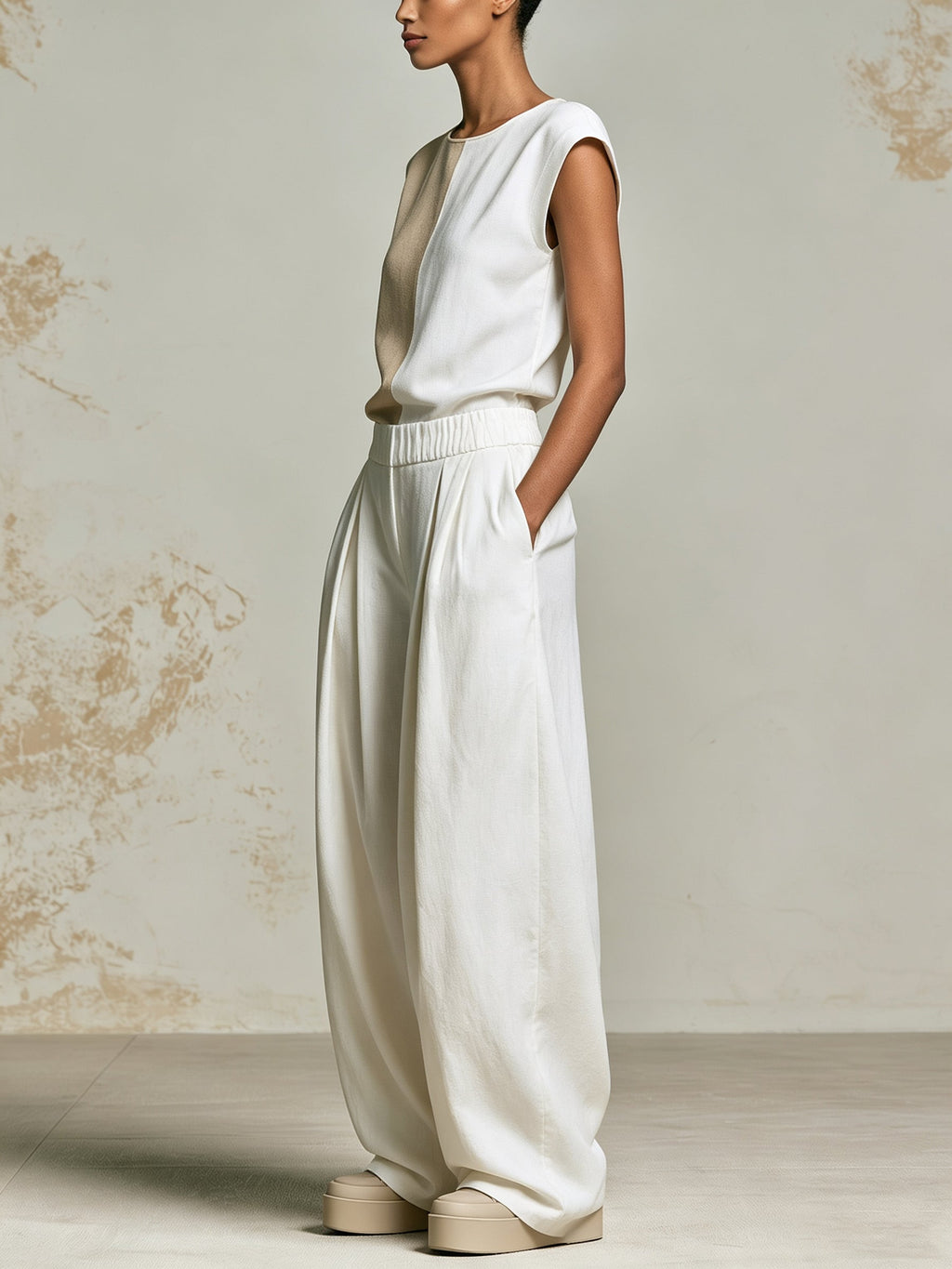 Women’s Two-Tone Linen Style Set – Minimalist Sleeveless Top & Wide Leg Pants Co-Ord Outfit