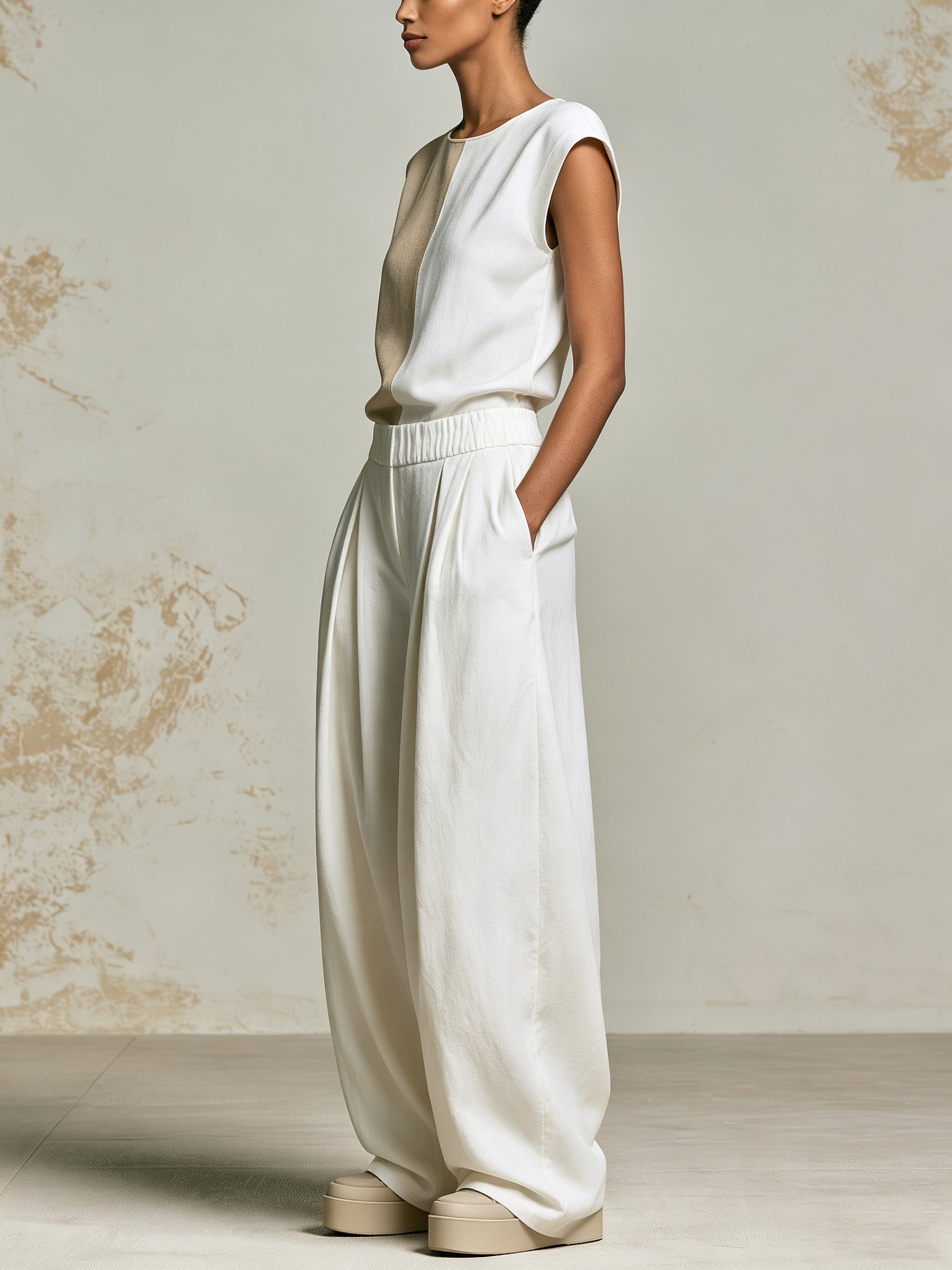 Women’s Two-Tone Linen Style Set – Minimalist Sleeveless Top & Wide Leg Pants Co-Ord Outfit