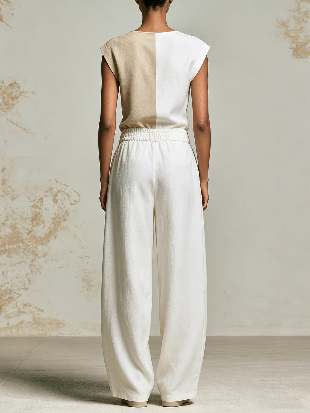 Women’s Two-Tone Linen Style Set – Minimalist Sleeveless Top & Wide Leg Pants Co-Ord Outfit