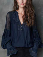 Refined Navy Lace Sleeve Blouse