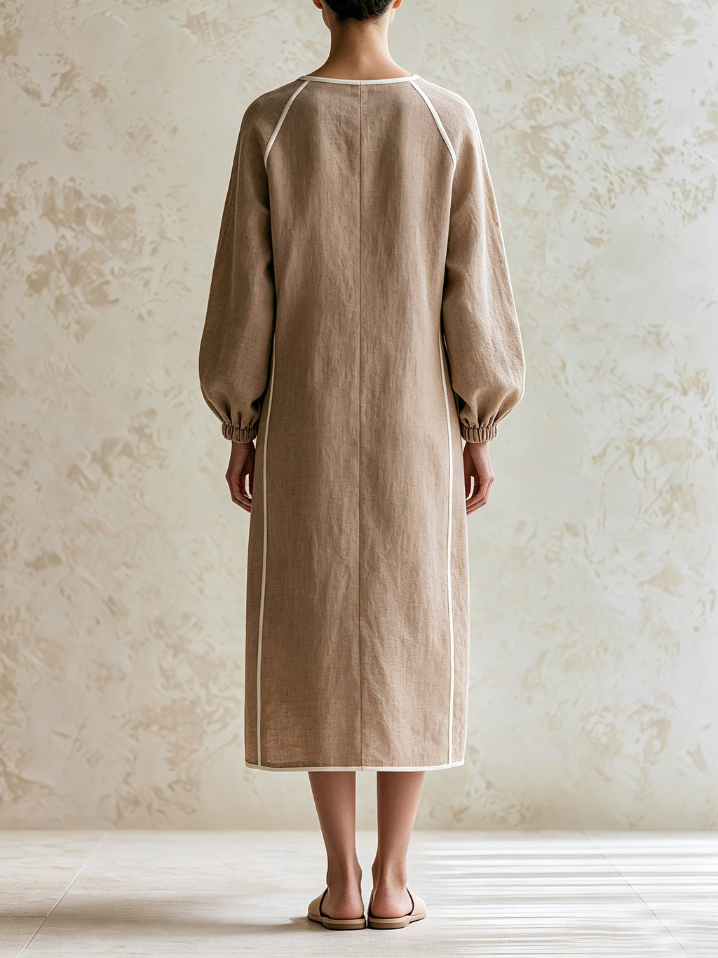 Minimalist Beige Linen Midi Dress For Women – Elegant Long Sleeve Tunic Dress With Contrast Piping Detail