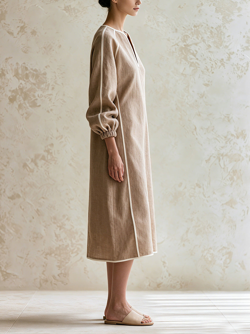 Minimalist Beige Linen Midi Dress For Women – Elegant Long Sleeve Tunic Dress With Contrast Piping Detail
