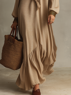 Graceful Beige Cascading Ruffle Maxi Dress