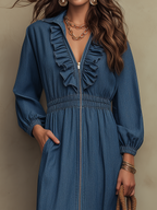Classic Denim Blue Ruffle Zip Maxi Dress