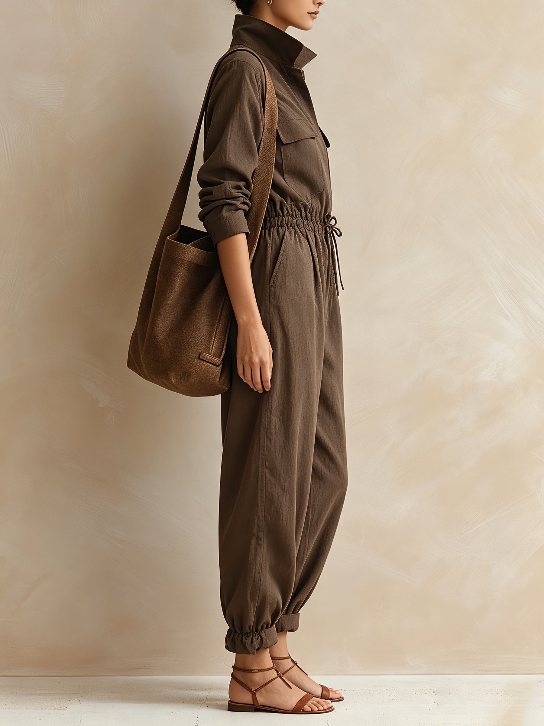 Women’s Casual Utility Jumpsuit – Long Sleeve Cargo Romper With Drawstring Waist And Relaxed Fit