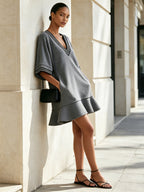 Women’s Gray V-Neck Mini Dress With Contrast Stripe Trim – Oversized Sleeve Ruffle Hem Tunic Dress
