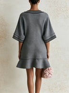 Women’s Gray V-Neck Mini Dress With Contrast Stripe Trim – Oversized Sleeve Ruffle Hem Tunic Dress