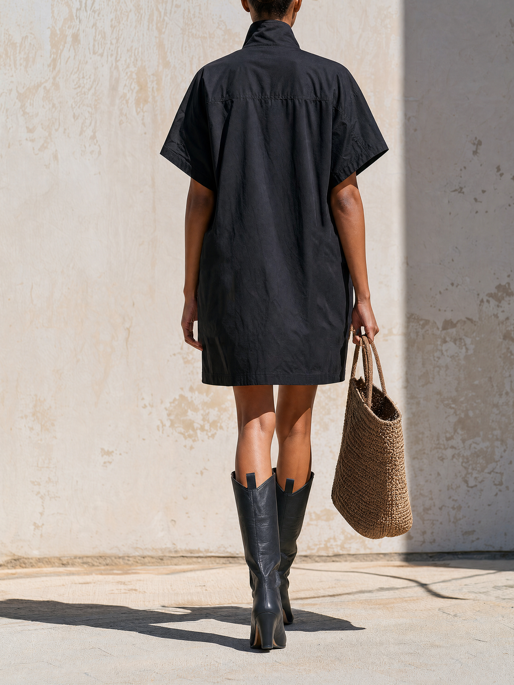 Stand Collar Half Zip Short Sleeve Cargo Mini Shirt Dress