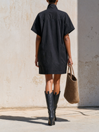 Stand Collar Half Zip Short Sleeve Cargo Mini Shirt Dress