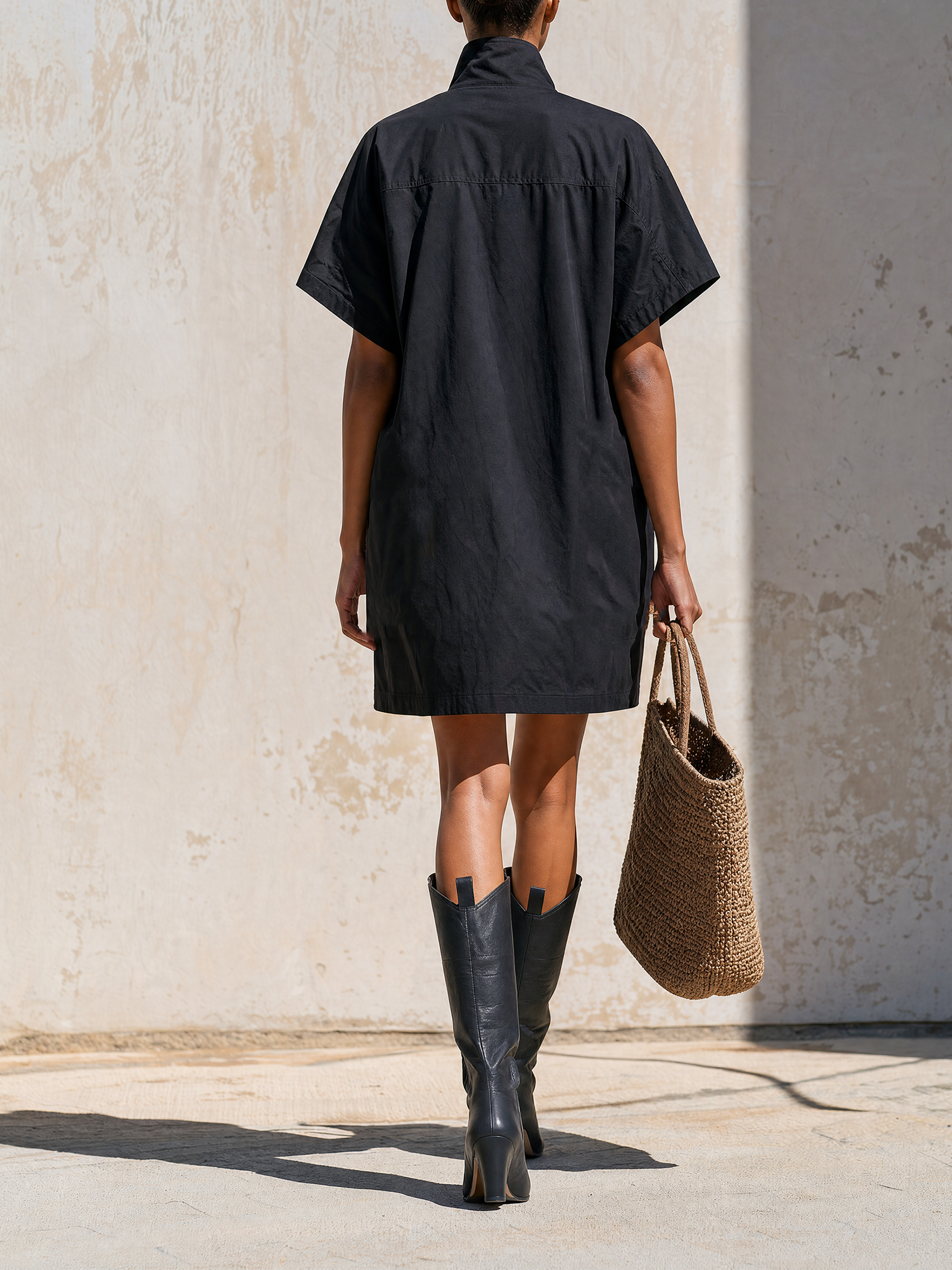 Stand Collar Half Zip Short Sleeve Cargo Mini Shirt Dress