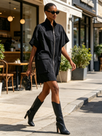 Stand Collar Half Zip Short Sleeve Cargo Mini Shirt Dress