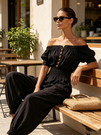 Off Shoulder Button Front Linen Cargo Jogger Jumpsuit