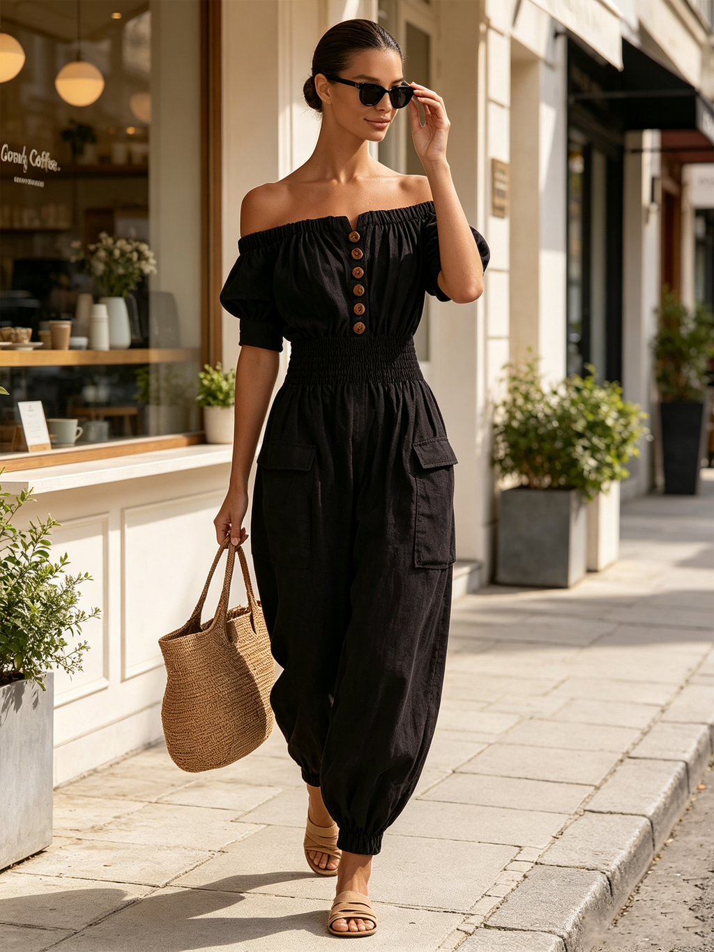 Off Shoulder Button Front Linen Cargo Jogger Jumpsuit