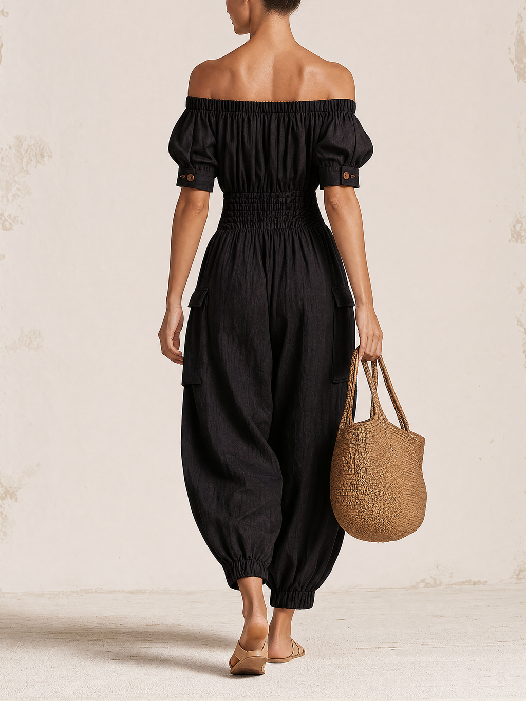 Off Shoulder Button Front Linen Cargo Jogger Jumpsuit