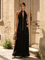 Women’s Black Halter Maxi Dress – Elegant Sleeveless Denim-Inspired Dress With Front Zipper And Contrast Stitching