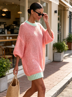 Sequin Open Knit Color Block Mini Tunic Dress With Mint Trim