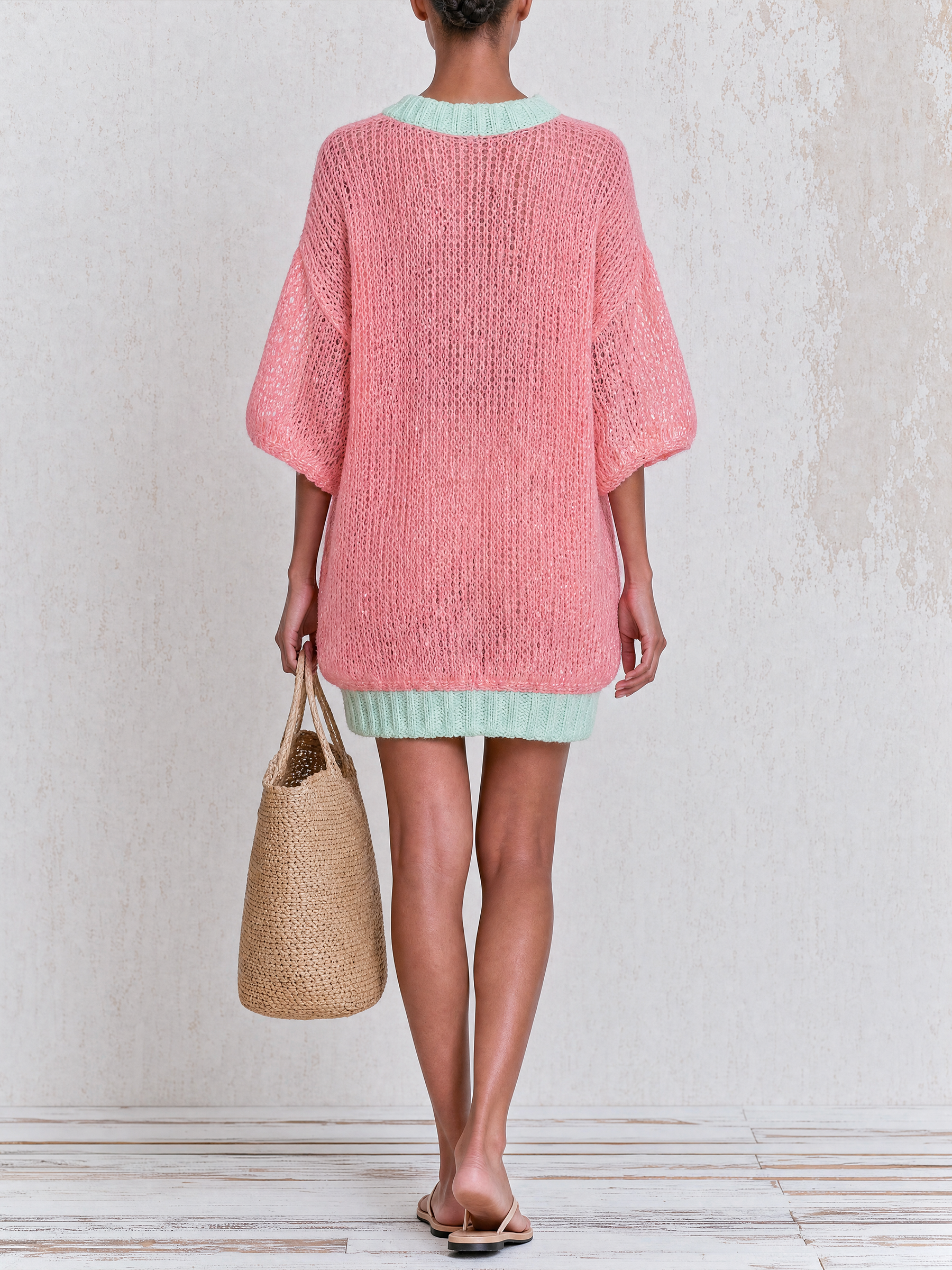 Sequin Open Knit Color Block Mini Tunic Dress With Mint Trim