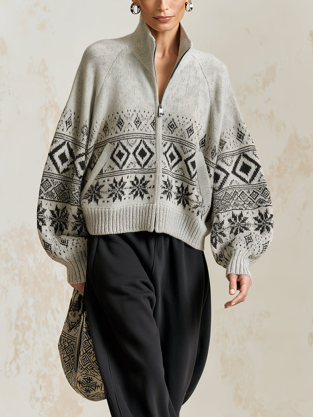 Nordic Pattern Knit Cardigan – Cozy Zip-Up Sweater Jacket