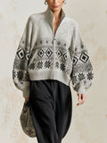 Nordic Pattern Knit Cardigan – Cozy Zip-Up Sweater Jacket