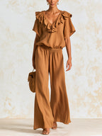 Women's Ruffle V-Neck Blouse & Wide Leg Pants Set – Elegant Casual Two Piece Outfit