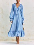 Romantic Ruffle Maxi Dress – V-Neck Long Sleeve Elegant A-Line Dress