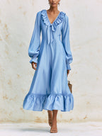 Romantic Ruffle Maxi Dress – V-Neck Long Sleeve Elegant A-Line Dress