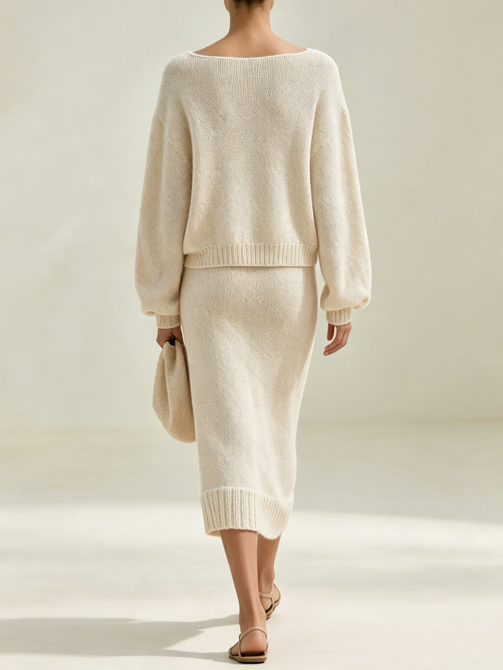 Elegant Knit Two-Piece Set – Off-Shoulder Sweater & Midi Skirt Cozy Chic Ensemble