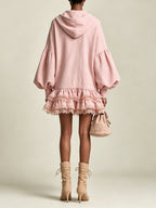 Women’s Pink Hooded Ruffle Mini Dress – Oversized Balloon Sleeve Lace Hem Casual Chic Dress