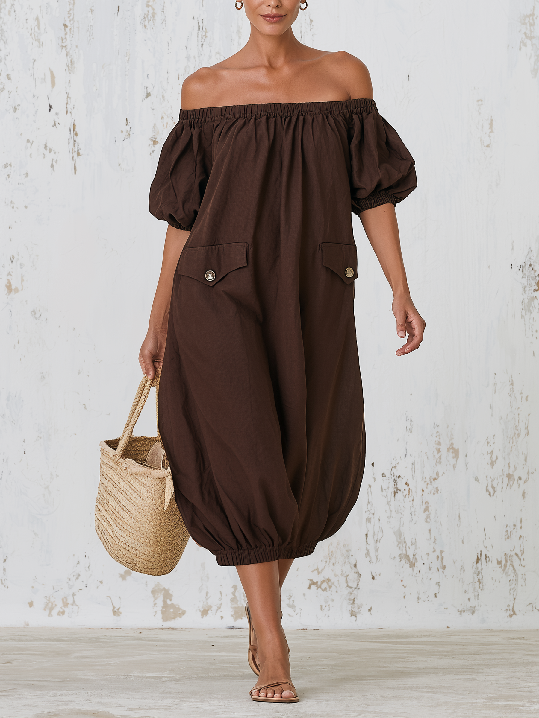 Brown Off Shoulder Bubble Hem Midi Dress, Puff Short Sleeve Loose Casual Linen Blend Vacation Dress With Front Patch Pockets