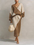 Women’s Color Block V-Neck Knit Midi Dress – Oversized Long Sleeve Casual Sweater Dress