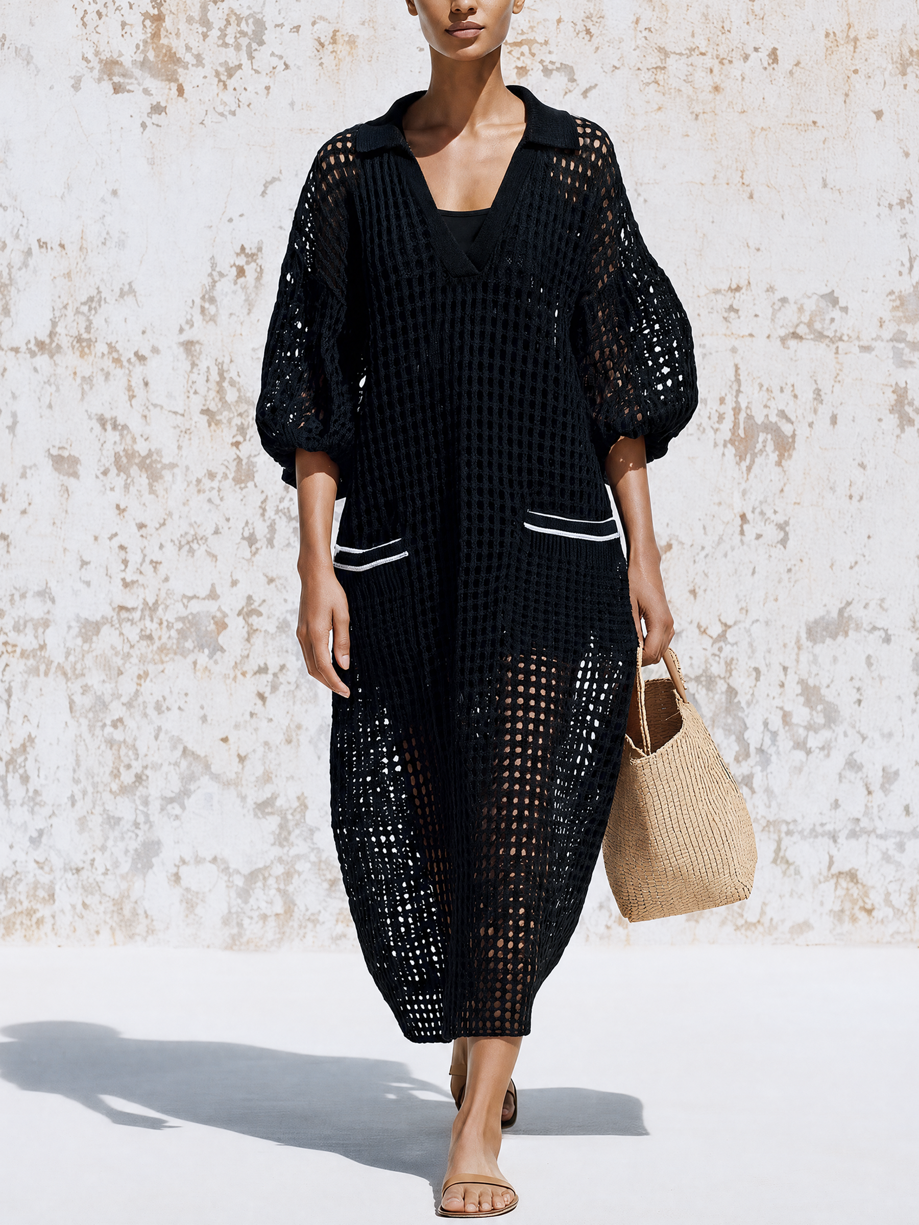 Polo Collar Puff Sleeve Open Mesh Knit Midi Dress With White Trim Pockets