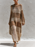 Gradient Brown Stripe Hollow Crochet Knit Maxi Cover-Up Dress