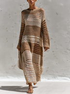 Gradient Brown Stripe Hollow Crochet Knit Maxi Cover-Up Dress
