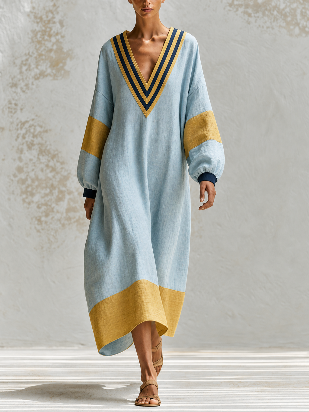 Light Blue Color Block V-Neck Linen Kaftan Maxi Dress