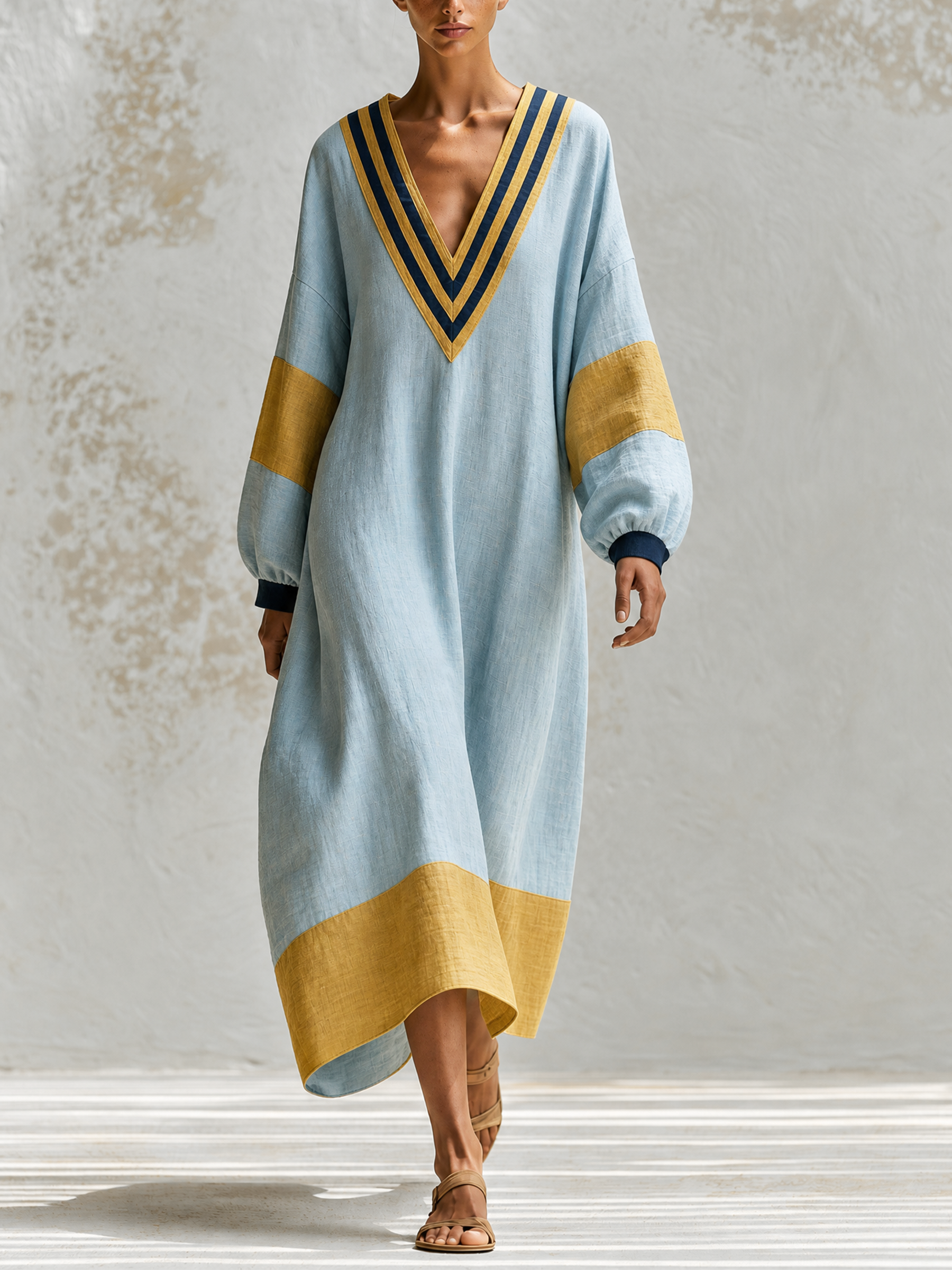 Light Blue Color Block V-Neck Linen Kaftan Maxi Dress
