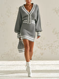 Women's V-Neck Knit Cardigan & Mini Skirt Set – Cozy Two Piece Sweater Outfit