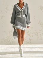 Women's V-Neck Knit Cardigan & Mini Skirt Set – Cozy Two Piece Sweater Outfit