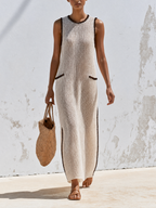 Sleeveless Open Knit Midi Dress With Contrast Stitch Trim & Side Slits