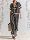 Black White Vertical Stripe Knit Two-Piece Set, Collared Short Sleeve Top & High Waist Wide Leg Knit Pants Casual Matching Outfit