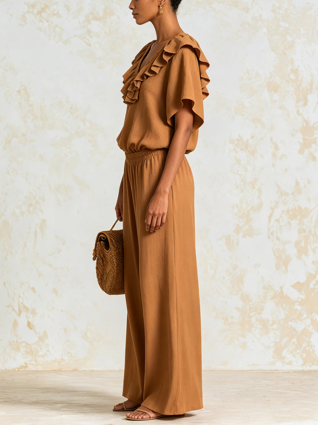 Women's Ruffle V-Neck Blouse & Wide Leg Pants Set – Elegant Casual Two Piece Outfit