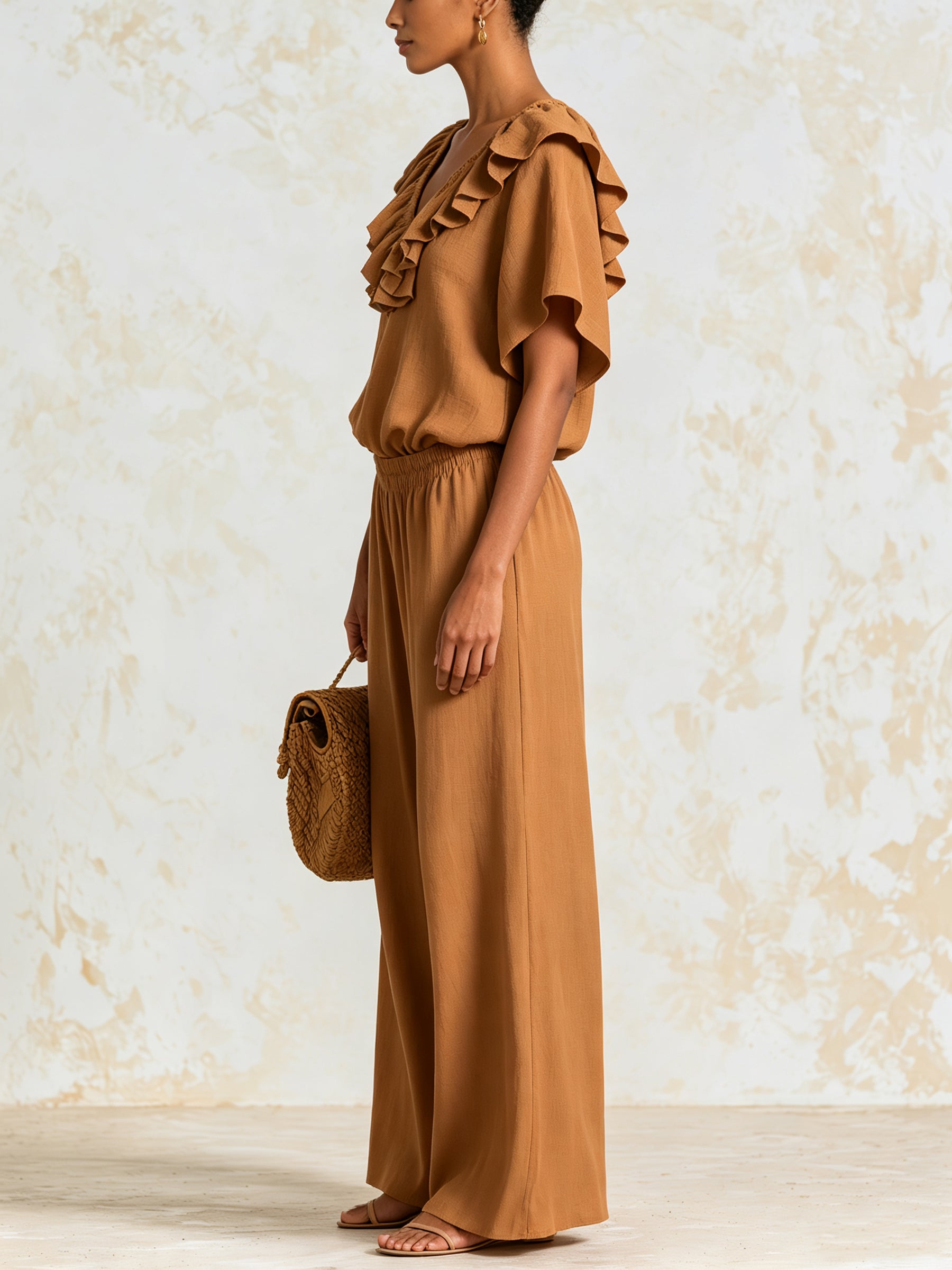 Women's Ruffle V-Neck Blouse & Wide Leg Pants Set – Elegant Casual Two Piece Outfit