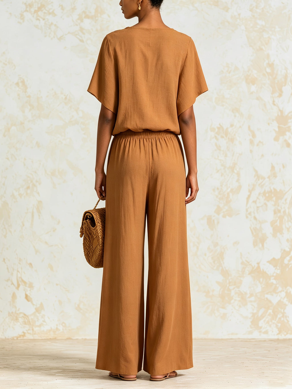 Women's Ruffle V-Neck Blouse & Wide Leg Pants Set – Elegant Casual Two Piece Outfit