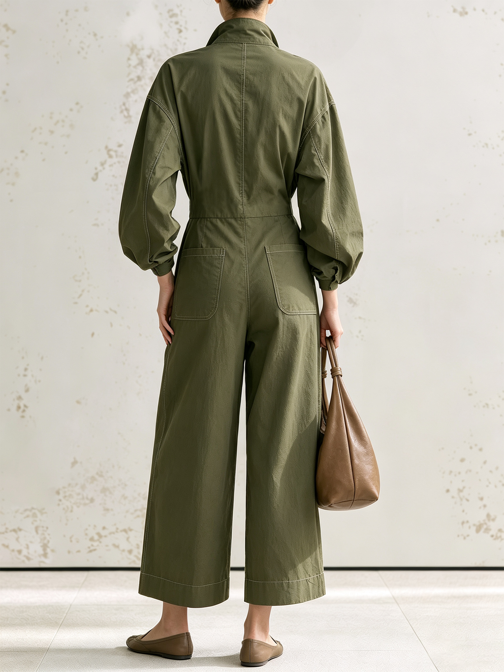 Olive Green Contrast Stitch Utility Wide Leg Jumpsuit