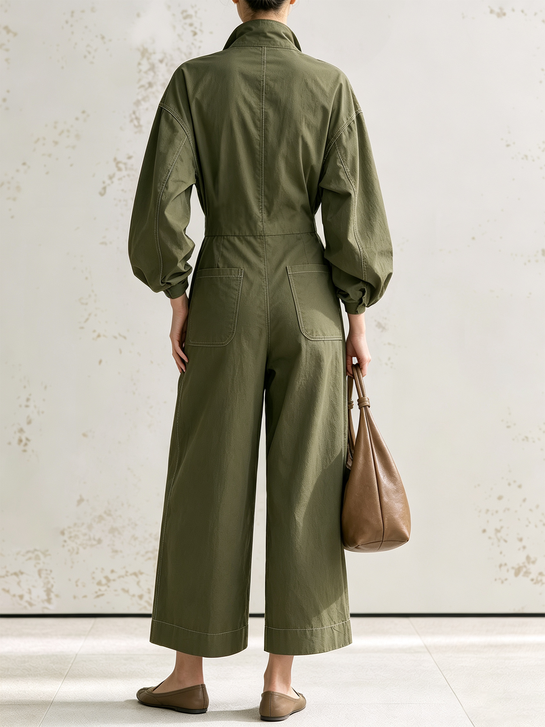 Olive Green Contrast Stitch Utility Wide Leg Jumpsuit