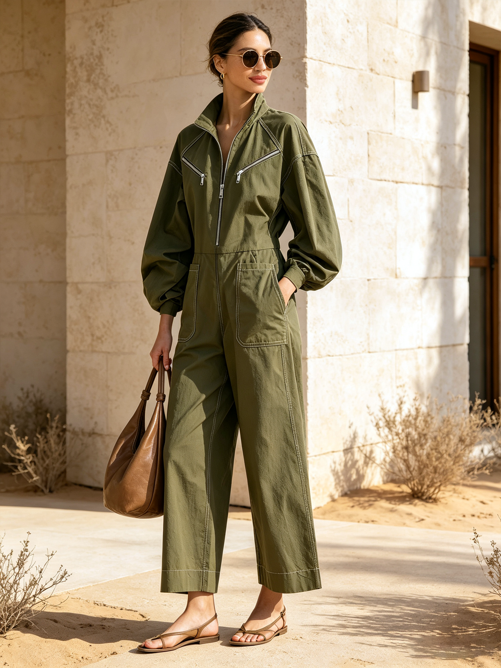 Olive Green Contrast Stitch Utility Wide Leg Jumpsuit